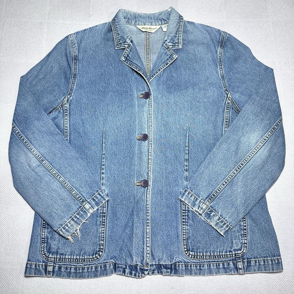 Vintage Y2K Eddie Bauer Denim Chore Jacket Womens 16 Distressed Grunge Faded